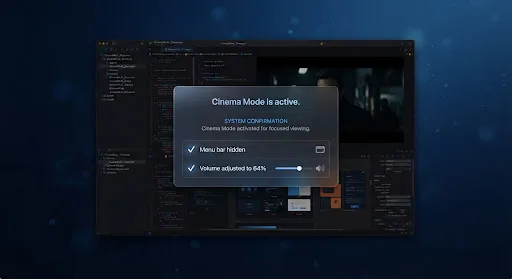 Cinema Mode 运行时的 macOS 桌面截图，展示了简洁的系统确认面板。菜单栏已隐藏，音量已自动调节至 64%，背景呈现深邃的午夜蓝调。