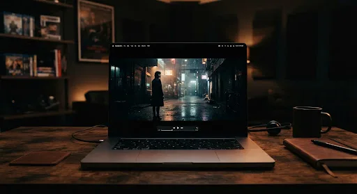 MacBook Pro 显示屏展示的高对比度电影画面。观影模式已激活，界面完全消失，仅保留视频内容。周围环境光柔和，凸显出沉浸式的视觉体验。